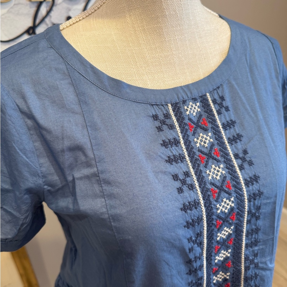 NWT! J.CREW Embroidered Tie-Sleeve Chambray Blue Peplum Top - Picture 3 of 8
